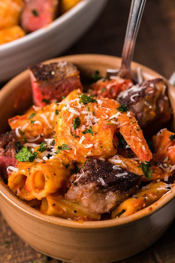 Steak and Shrimp Pasta. 