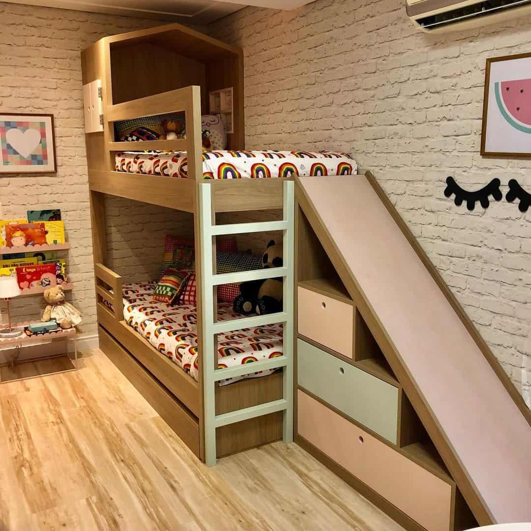 Built In Bunk Beds in Corner with Slides. 