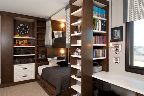 Built In Bunk Beds fore Small Rooms with Storage Shelves. 