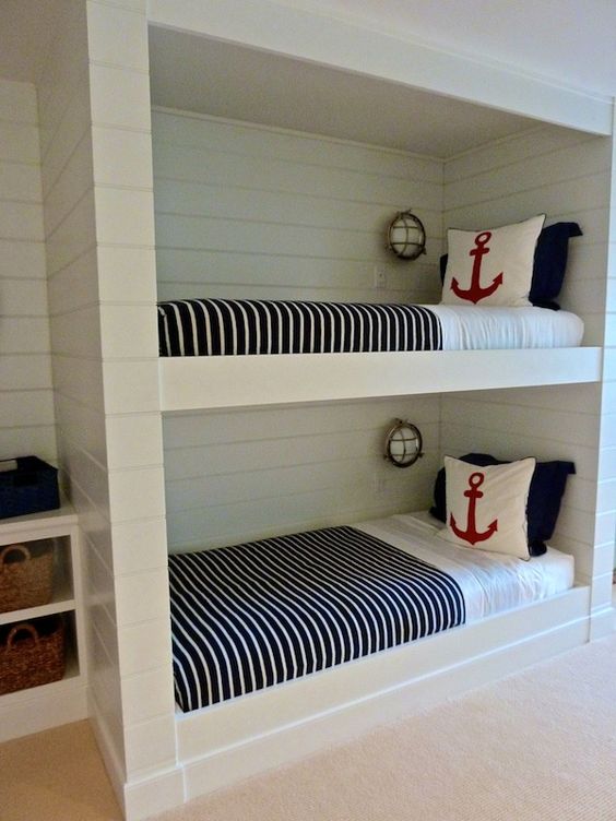 White and Navy Blue Built in Bunk Beds for Kids. 