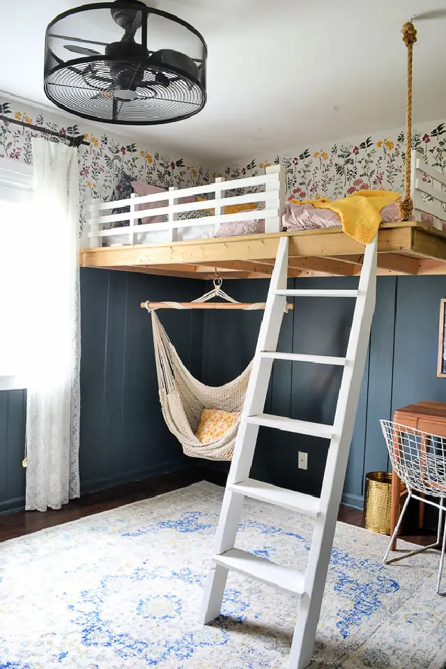 DIY Corner Loft Bed with a Net Swing. 