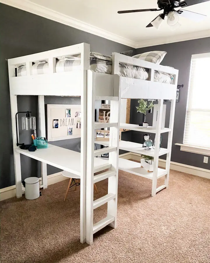 White DIY Loft Bed With Shelves. 