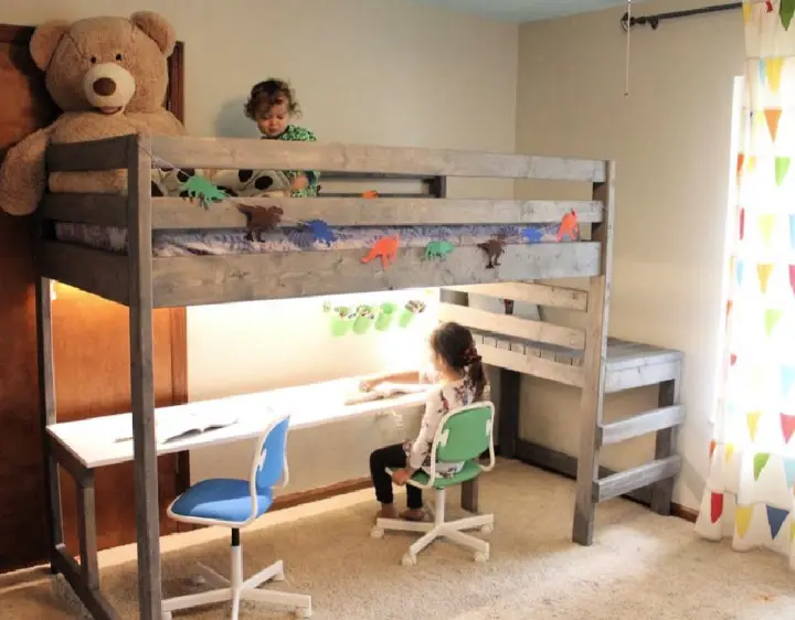 Rustic DIY Loft Bed With Desk. 