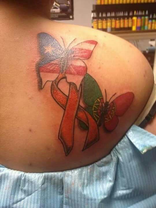 Puerto Rican And Portuguese Flag Butterflies With MS Ribbon. 