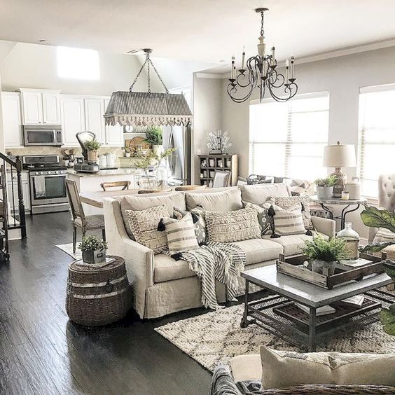 Country Chic Open Concept Kitchen and Living Room. 