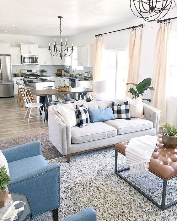 Blue and White Open Concept Kitchen and Living Room. 