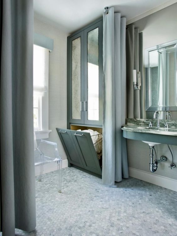 Mineral Green Floor To Ceiling Cabinets In Bathroom. 