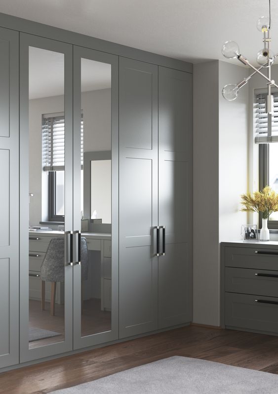 Grey Floor To Ceiling Cabinets With Mirror Doors. 