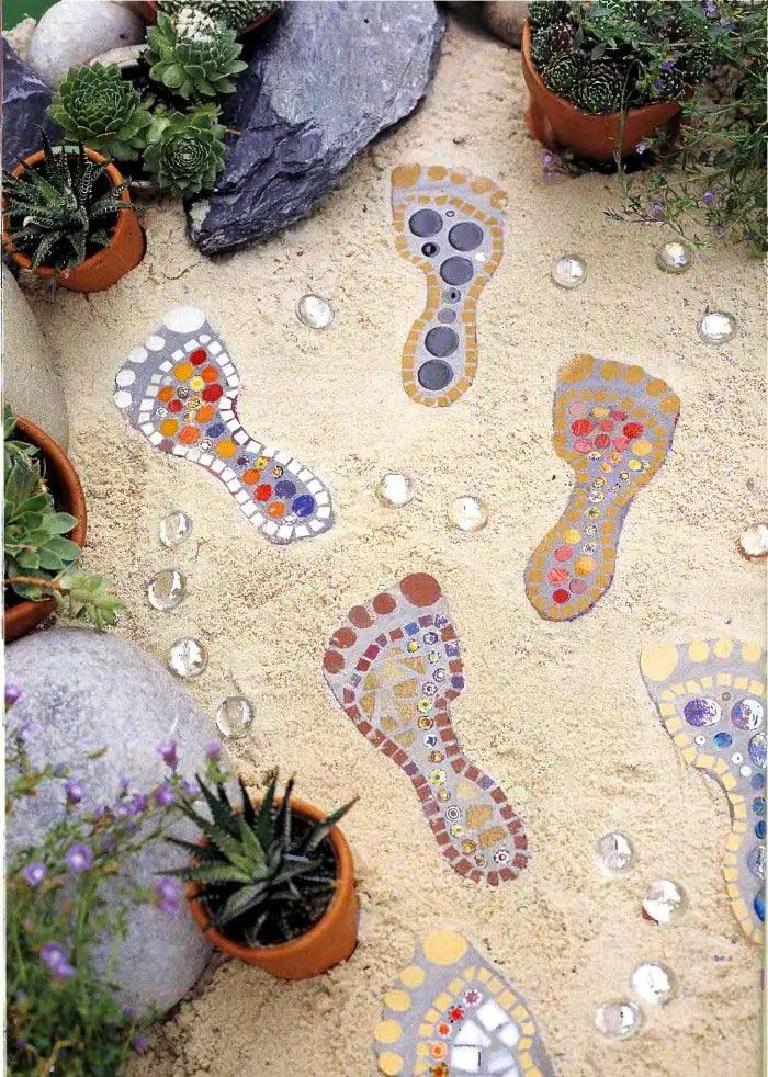 Make Custom Stepping Stones with Sea Glass and Bricks. 