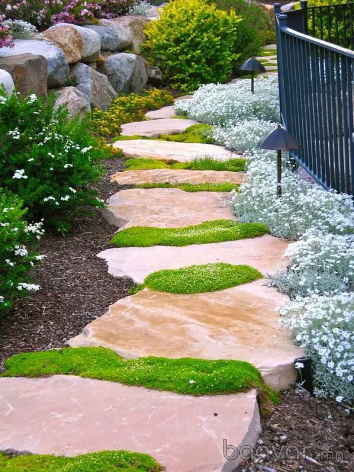 stepping stone walkway with moss and grass at the gaps. 